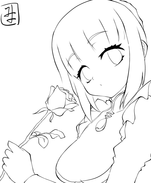 メイドさんと薔薇　線画
