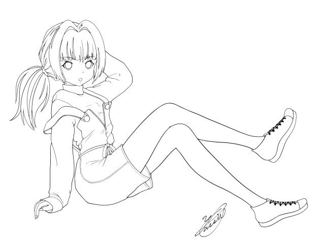 Relaxed girl in overalls（線画）