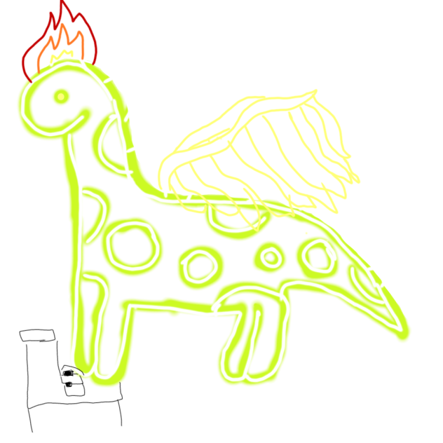 holy dino with fire hair playing piano