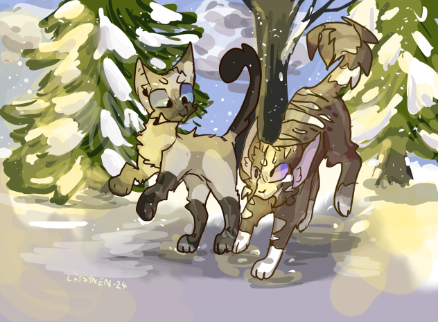 Leafpath and Fishmist playing in snow