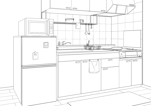 アパートのキッチン(線画)