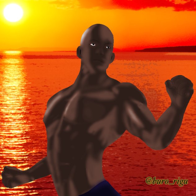 夕日の海辺でポーズを取る謎の黒マッチョ