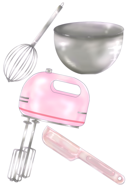 泡立て器、ボール、シリコンヘラ
