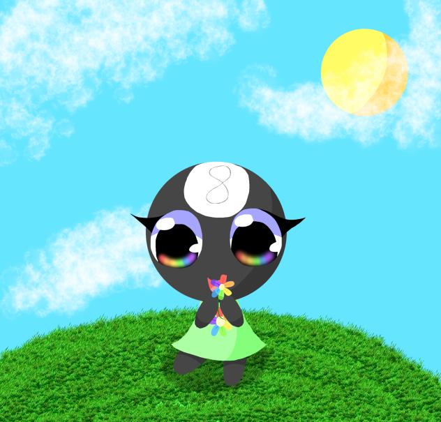 Toodles looking at a rainbow flower