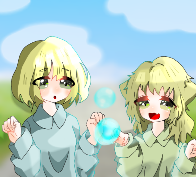 やけに光るしゃぼん玉と3ーショット