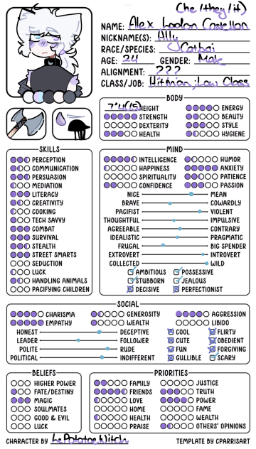 Fill in sheet for Alex