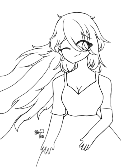 A Girl with Long Wavy Hair Lineart