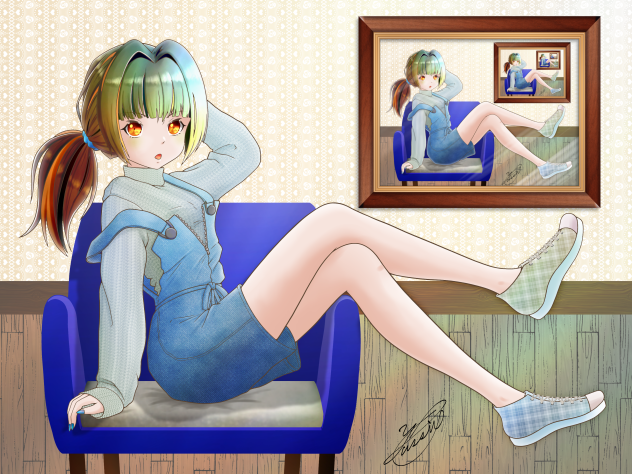 Relaxed girl in overalls