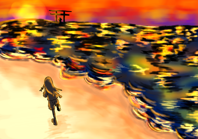 夕暮れの海を走る