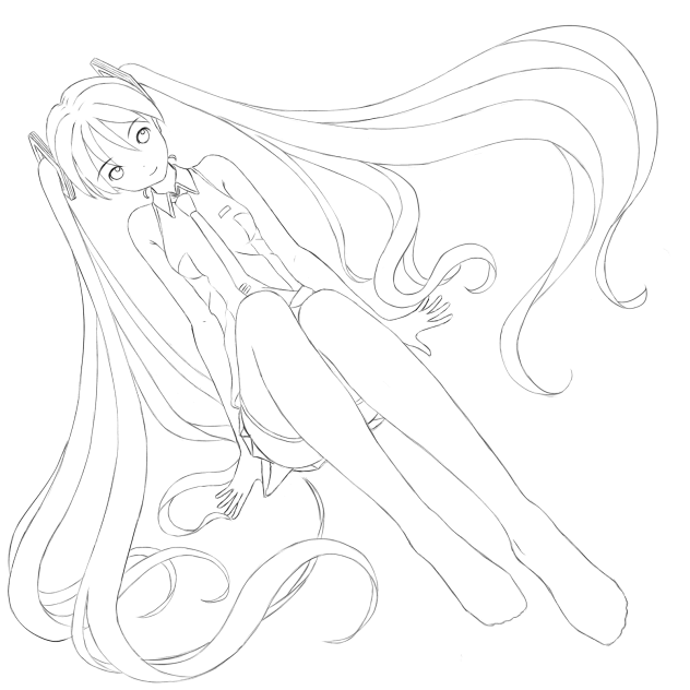 線画 横たわる初音ミクV3