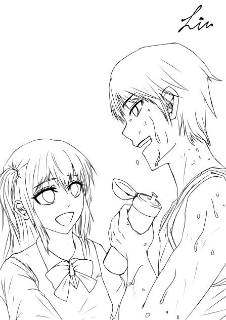 初タンFA✨試合後のみっきーと春歌ちゃん（線画）