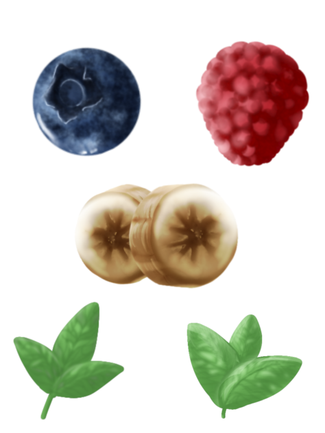 blueberry, raspberries, bananas, mint.