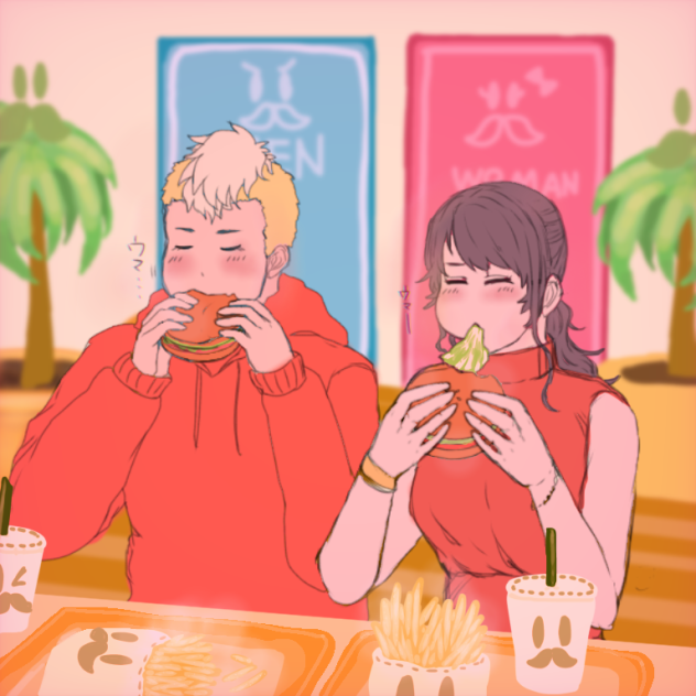 ハンバーガーを頬張る姉弟