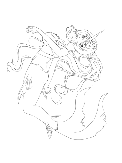 線画　一角人魚
