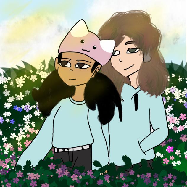 a cute couple walking in a garden