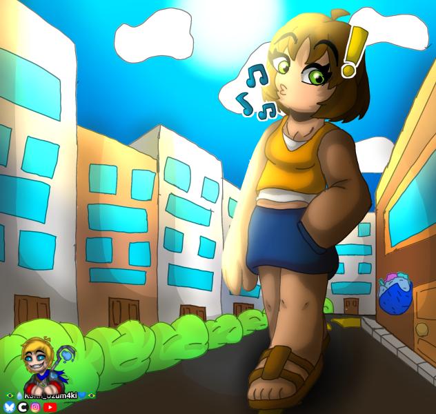 Giantess Linda walks on the street;