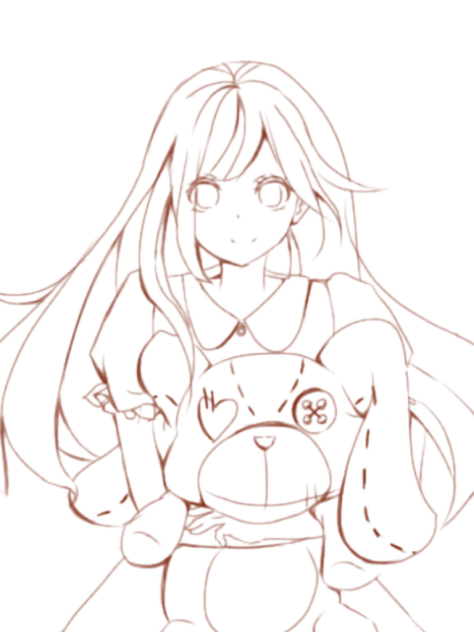 【線画】ぬいぐるみと女の子(アップ)