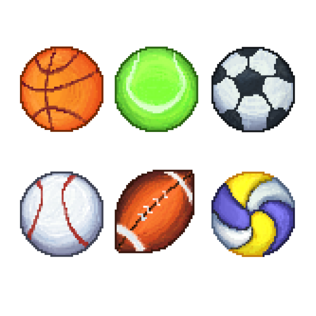 Sports ball pixel icons ⚽⚾🏀🏐🏈🥎