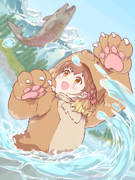 着ぐるみで鮭をとるクララちゃん
