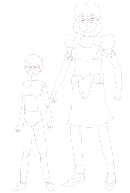 女性宇宙旅人と護衛アンドロイド 線画