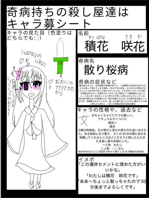 奇病持ちの殺し屋達は　キャラ募集！