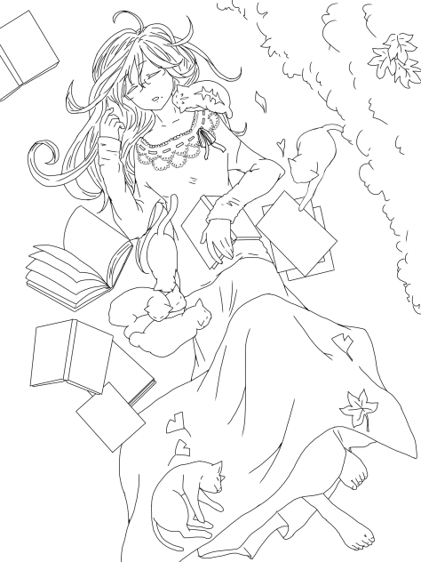 日陰での一時 線画