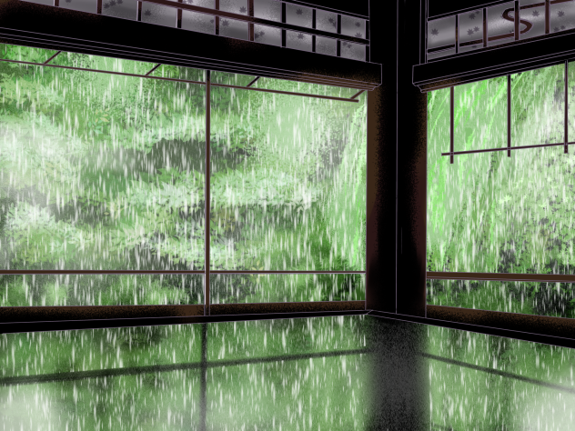 寺院から見た雨