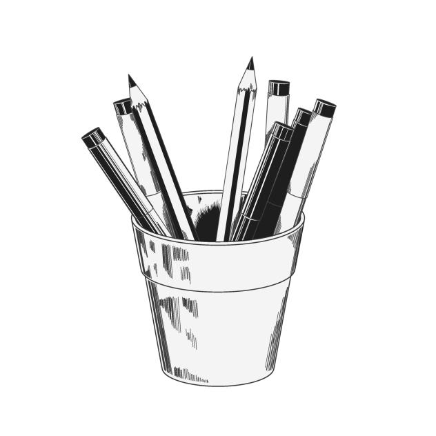 Pencils and pens in holder