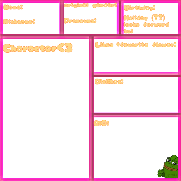 Character sheet for pick a flower