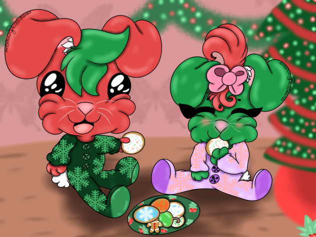 Red And Green Bunny Siblings Eating Chri