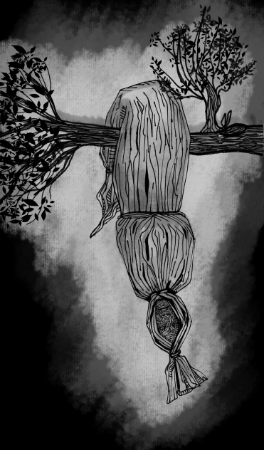 pocong terbalik di atas pohon
