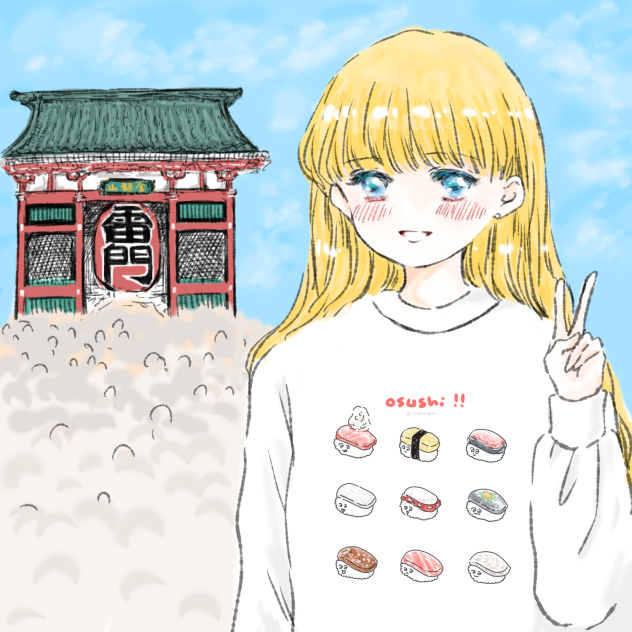 お寿司トレーナーを着て東京観光な金髪女子。