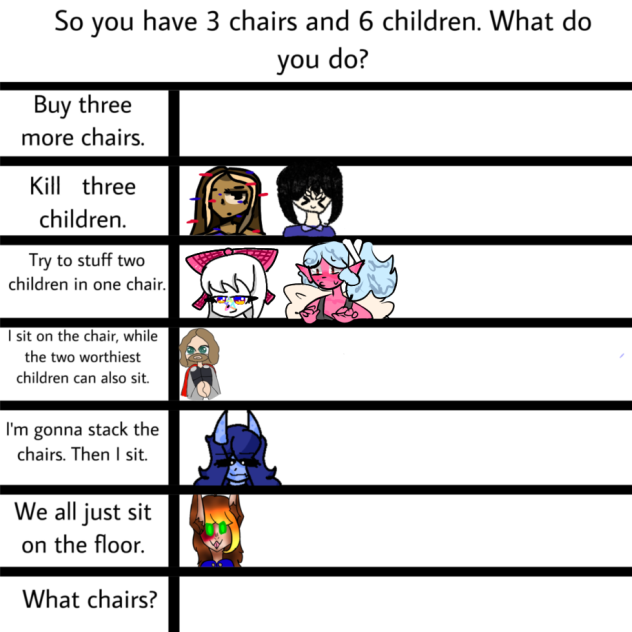 3 chairs and six children...