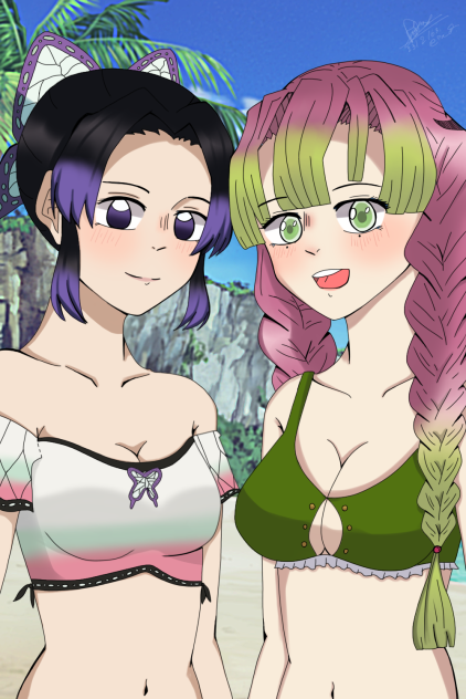 Shinobu and mitsuri at the beach.