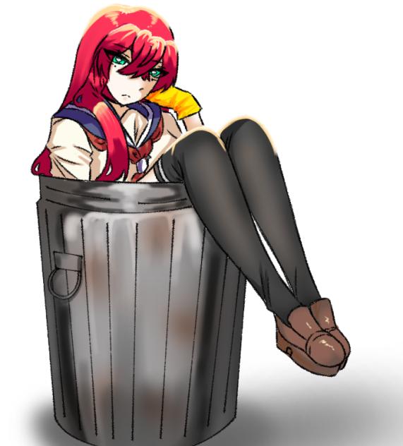 She sitting in the trash can