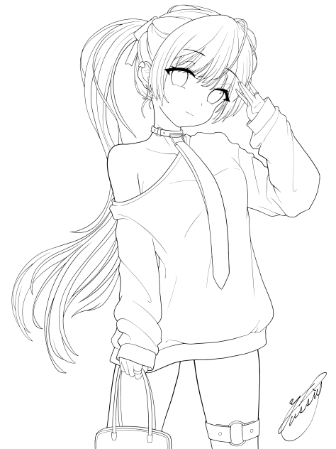 スウェットワンピで敬礼（線画）