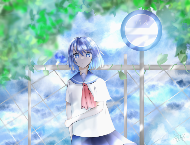 初夏のバス乗り場で