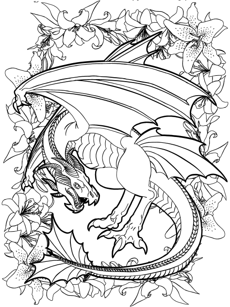 Prehistoric dragon and lilies