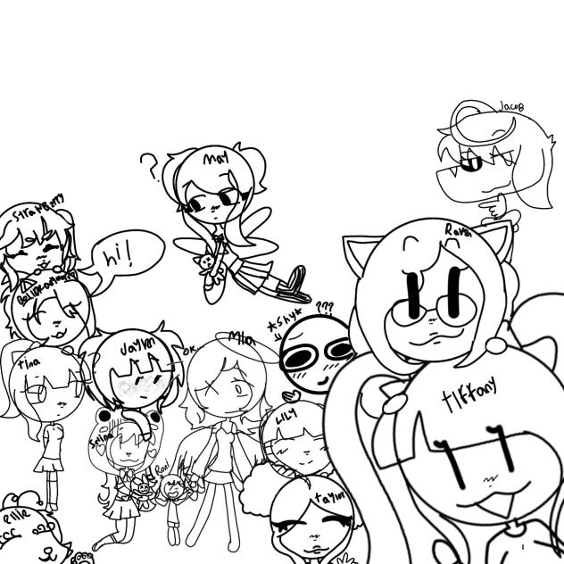 all my ocs in one canvas lineart
