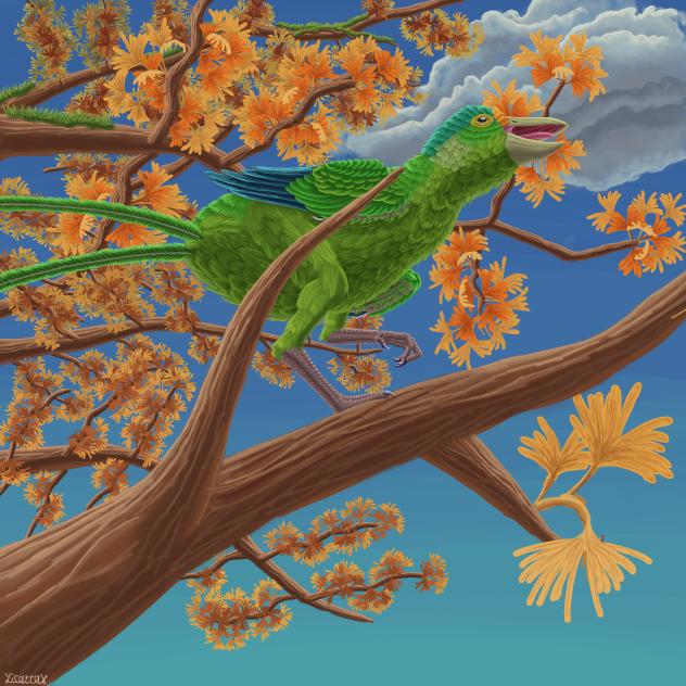 Confuciusornis in a Ginkgo Branch