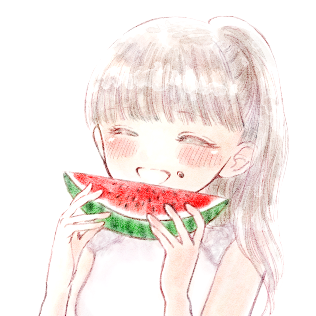 頬にスイカの種つけながらほおばる女の子。