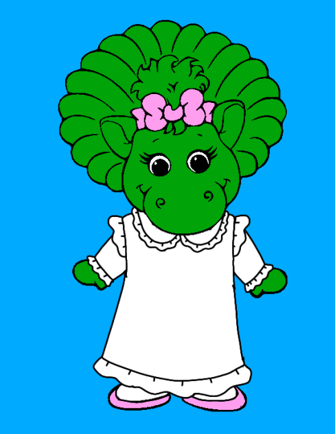 Baby Bop wearing a white dress