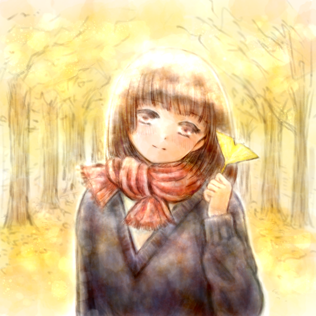 イチョウ並木と女の子。