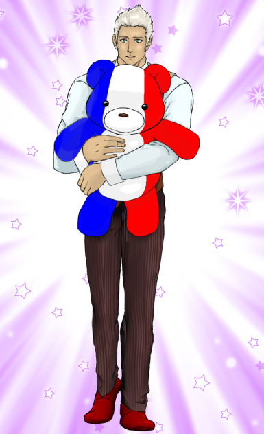 ぬいぐるみを抱く執事