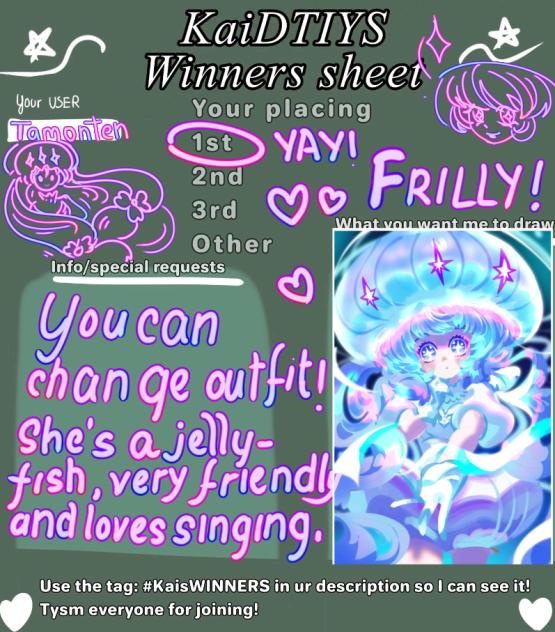 prize sheet for Kai's dtiys!