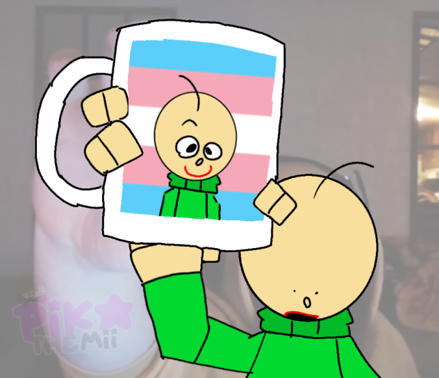 baldi holding a trans mug
