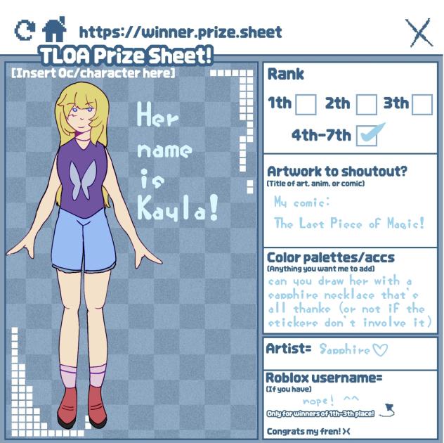 prize sheet for fifth place!!
