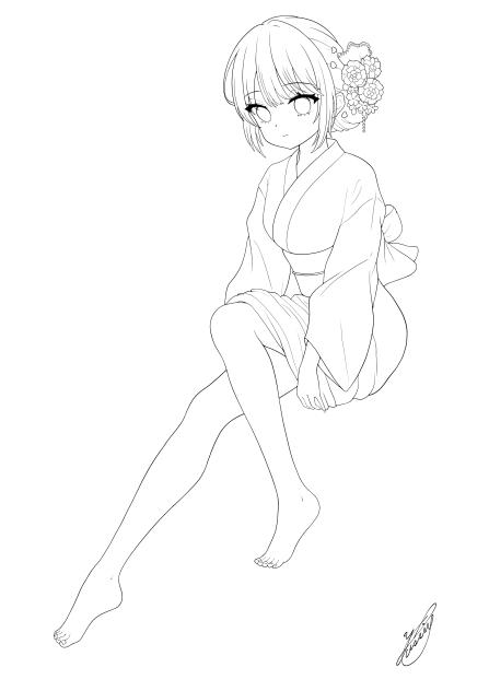 浴衣で足湯（線画）