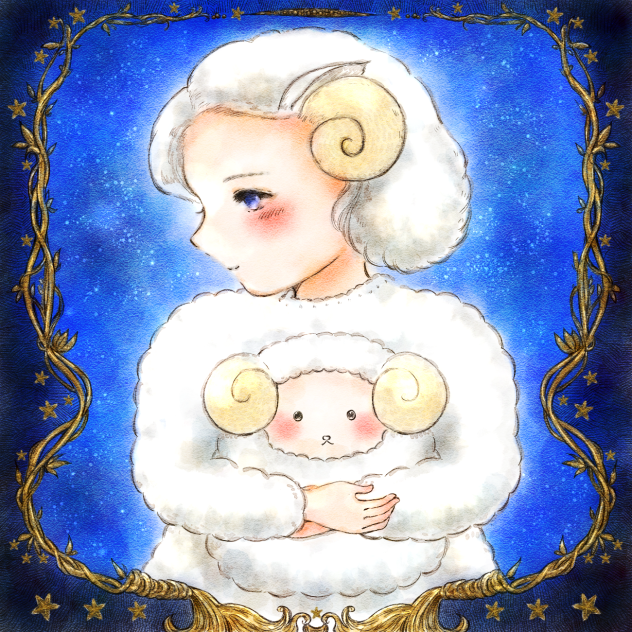 羊の擬人化、ぬいぐるみ抱っこ。