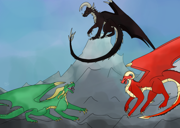 Three dragons on a cliff